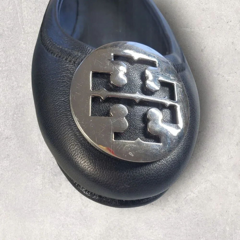 Tory Burch Womens Black Leather Shoes Size 5 Logo Minnie Travel Ballet Flats